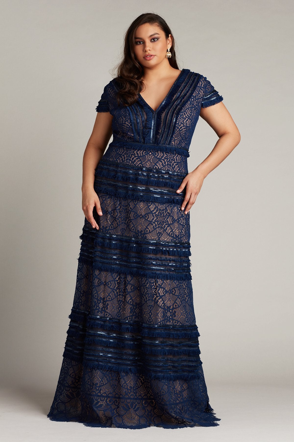 Nisa Lace & Fringe Gown - PLUS SIZE – Tadashi Shoji Official