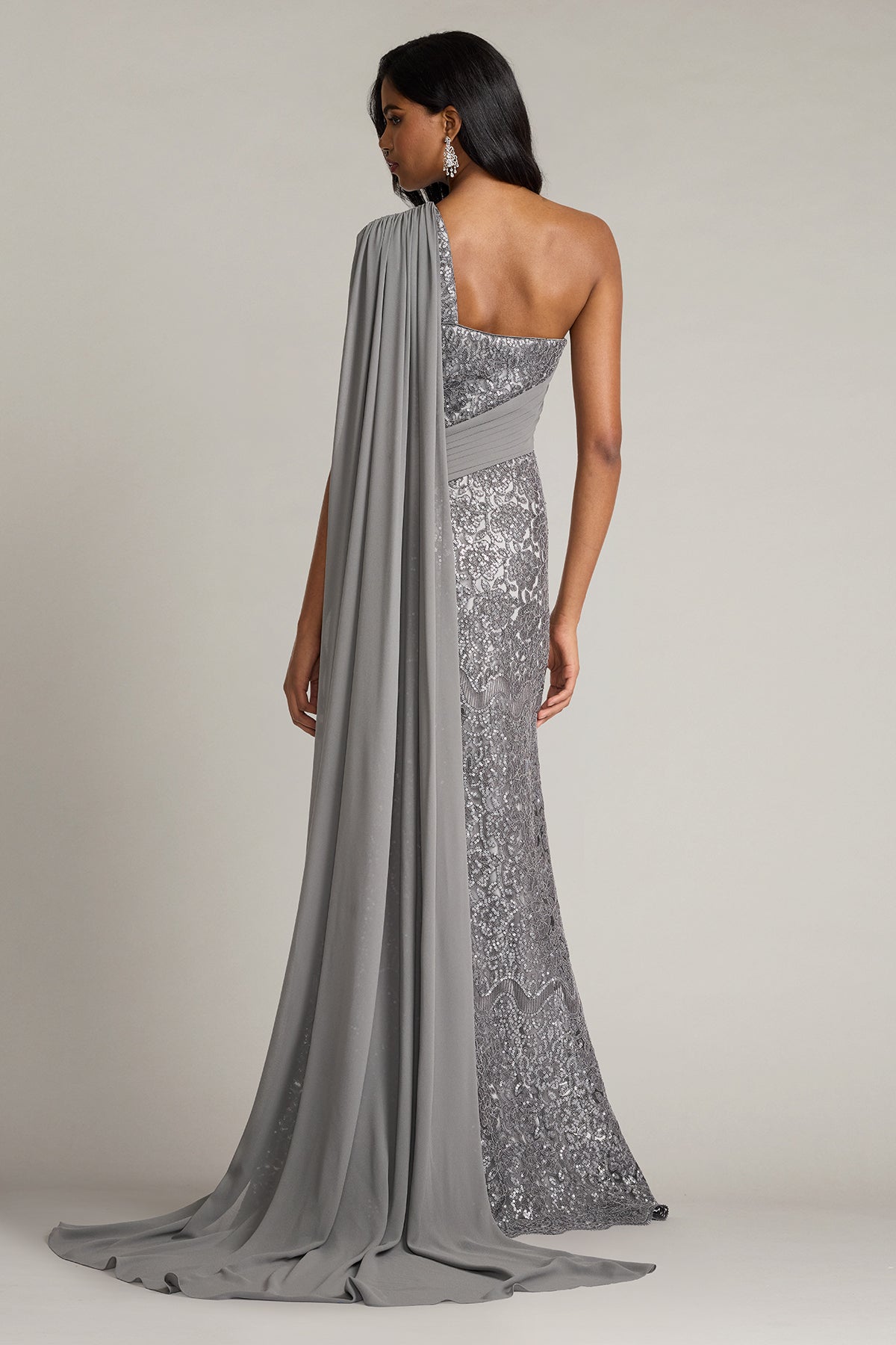 Eamon Draped Sleeve Sequin Embroidered Gown-MIST Back