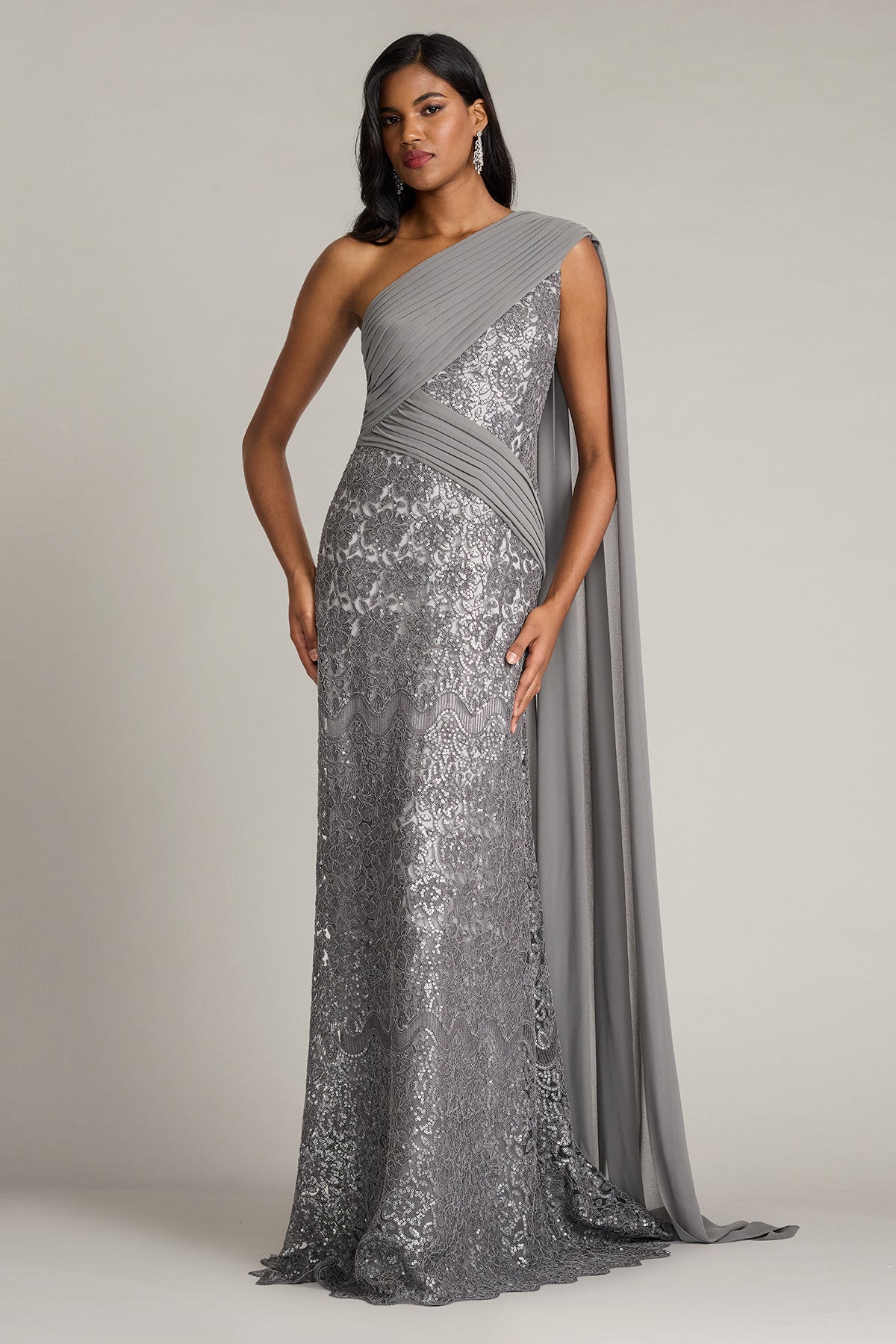 Eamon Draped Sleeve Sequin Embroidered Gown-MIST Front
