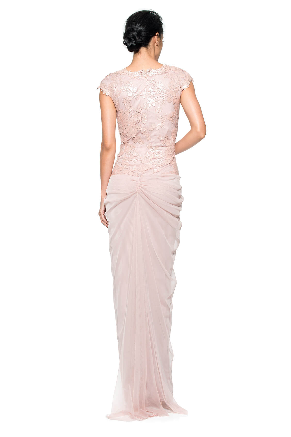 Paillette Embroidered Lace V-Neck Gown with Tulle Skirt