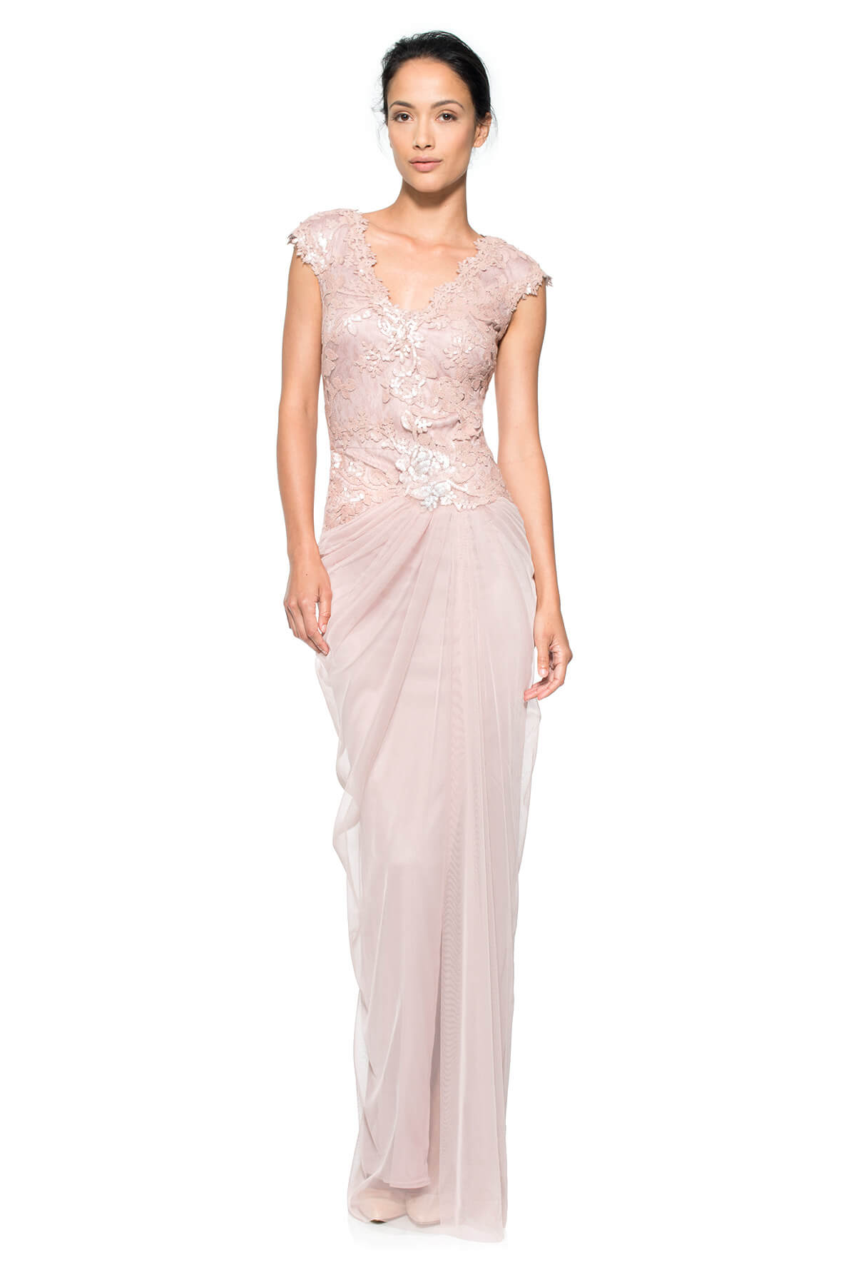 Paillette Embroidered Lace V-Neck Gown with Tulle Skirt