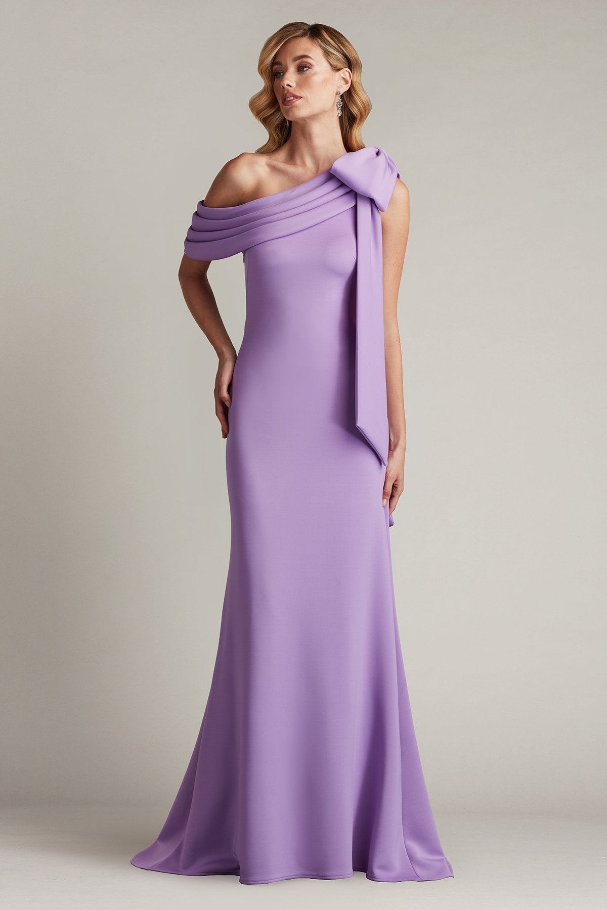 Cassia Bow-Shoulder Crepe Gown