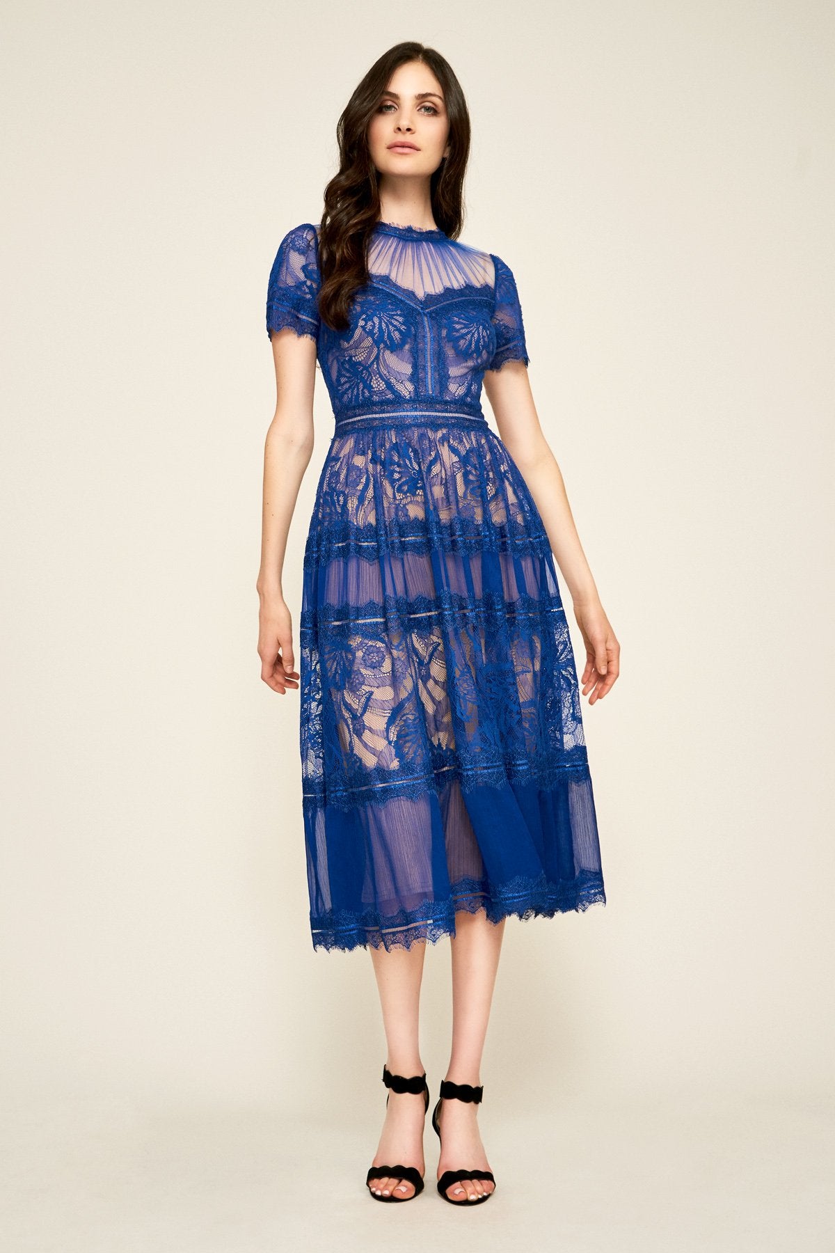 sachin and babi light blue dress Tadashi Shoji Tiered Lace Cocktail Midi Dress in Ivory/Petal