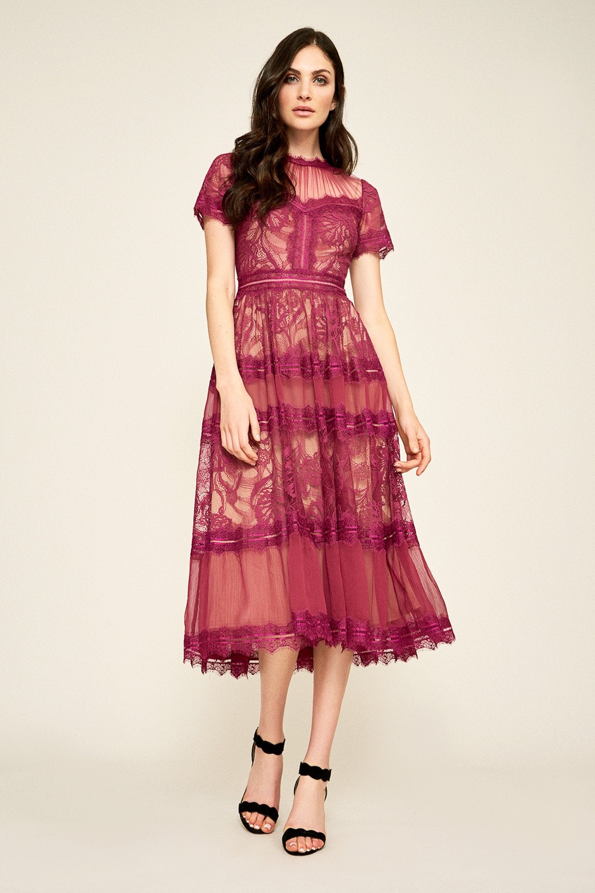 slim fit dress slacks Burgundy Short Sleeve Tea Length Prom Dress, Lovely A-Line Evening Par main image 0