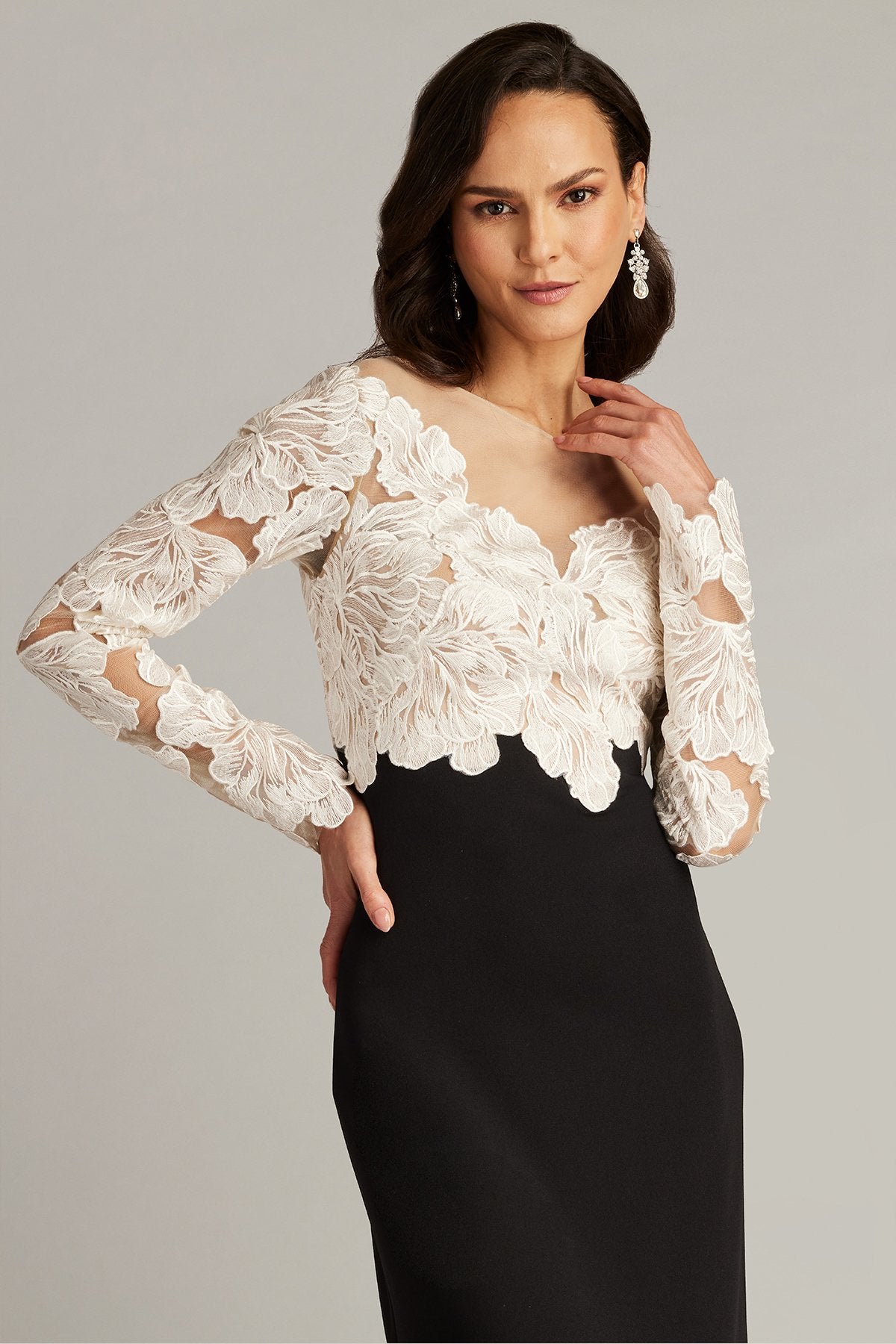 Golie Embroidered Bodice Illusion Gown