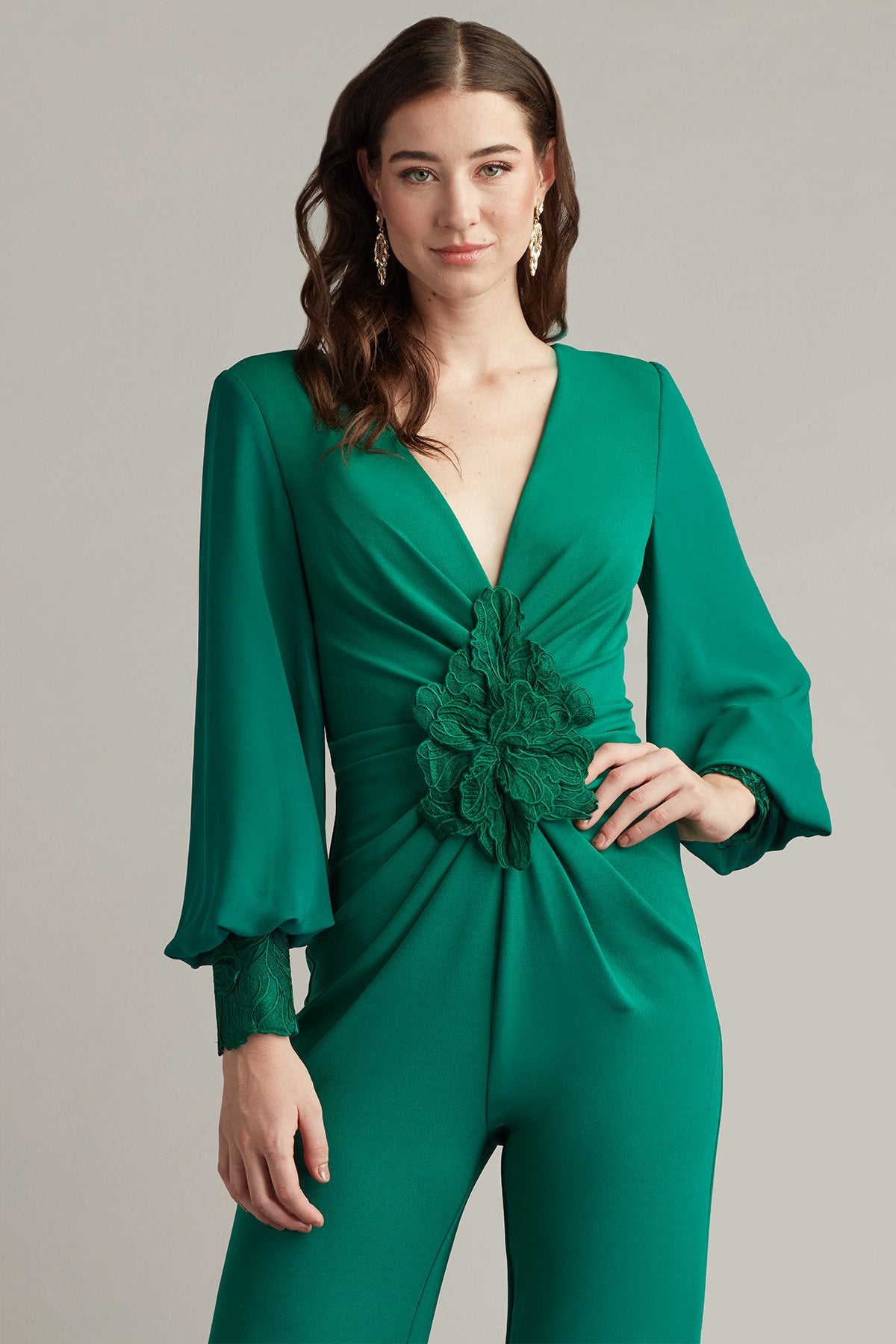 Sahana Bishop Sleeve Plunge Jumpsuit