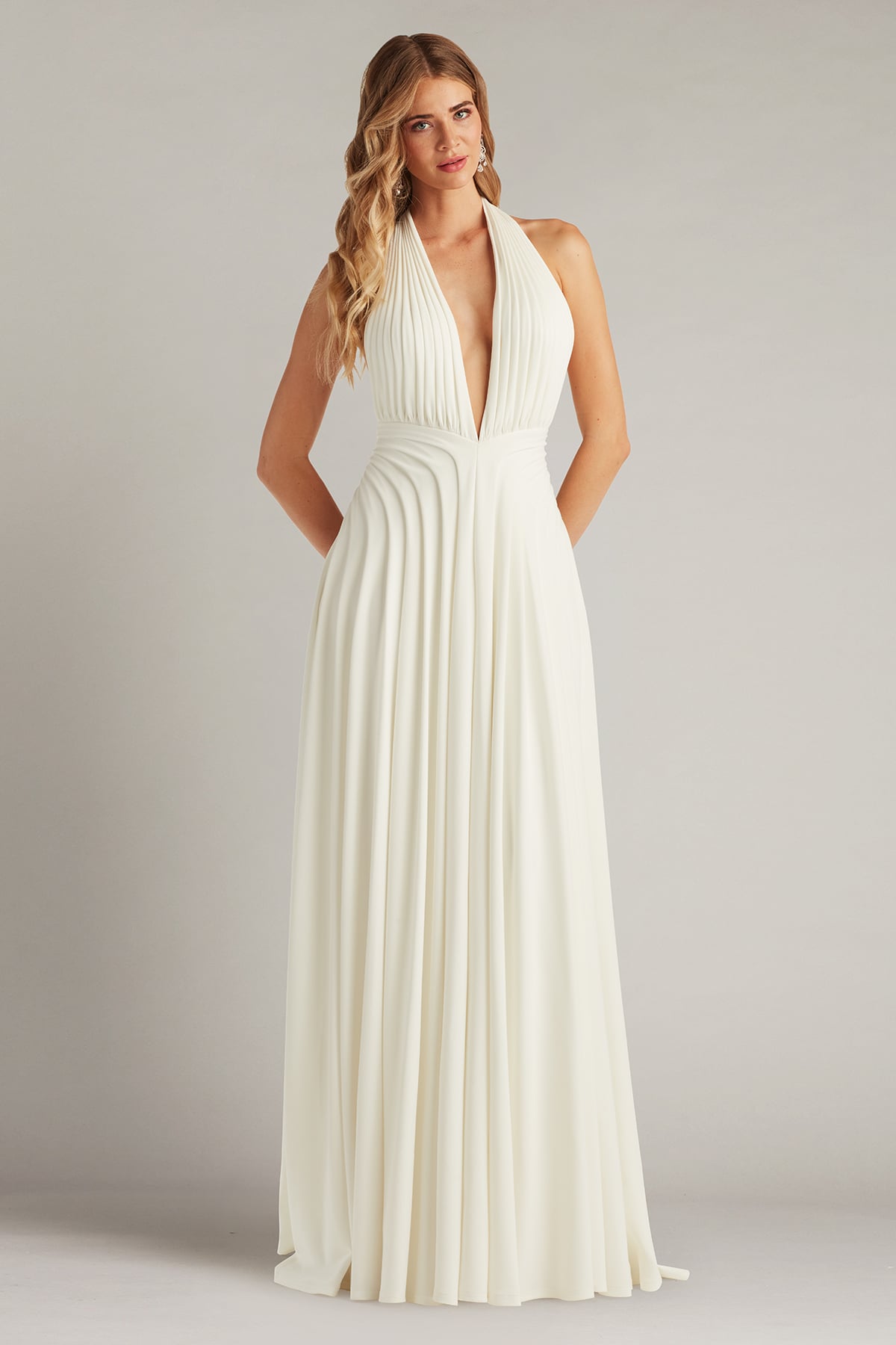 Zarelle Pleated Crepe Halter Gown