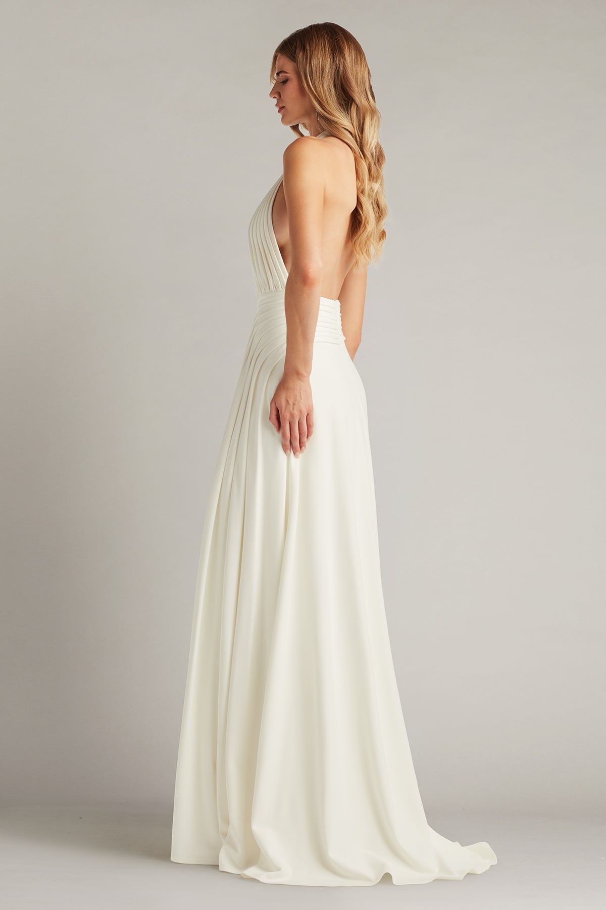 Zarelle Pleated Crepe Halter Gown