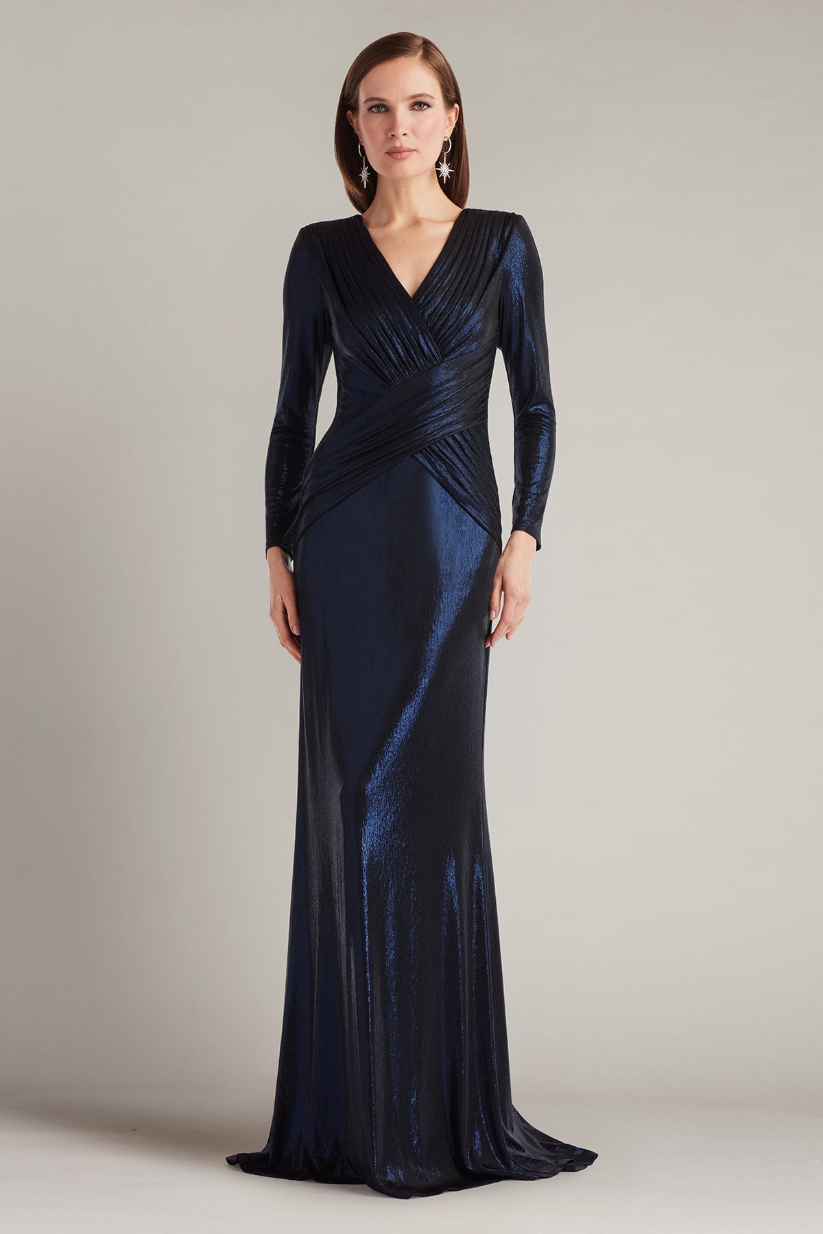 Esau Metallic Crisscross Draped Gown