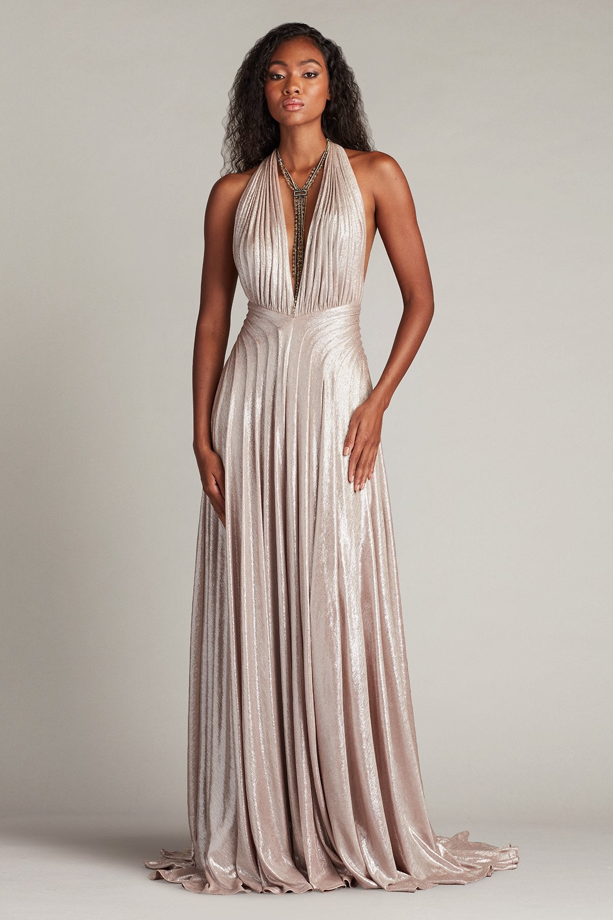 Zarelle Pleated Metallic Halter Gown