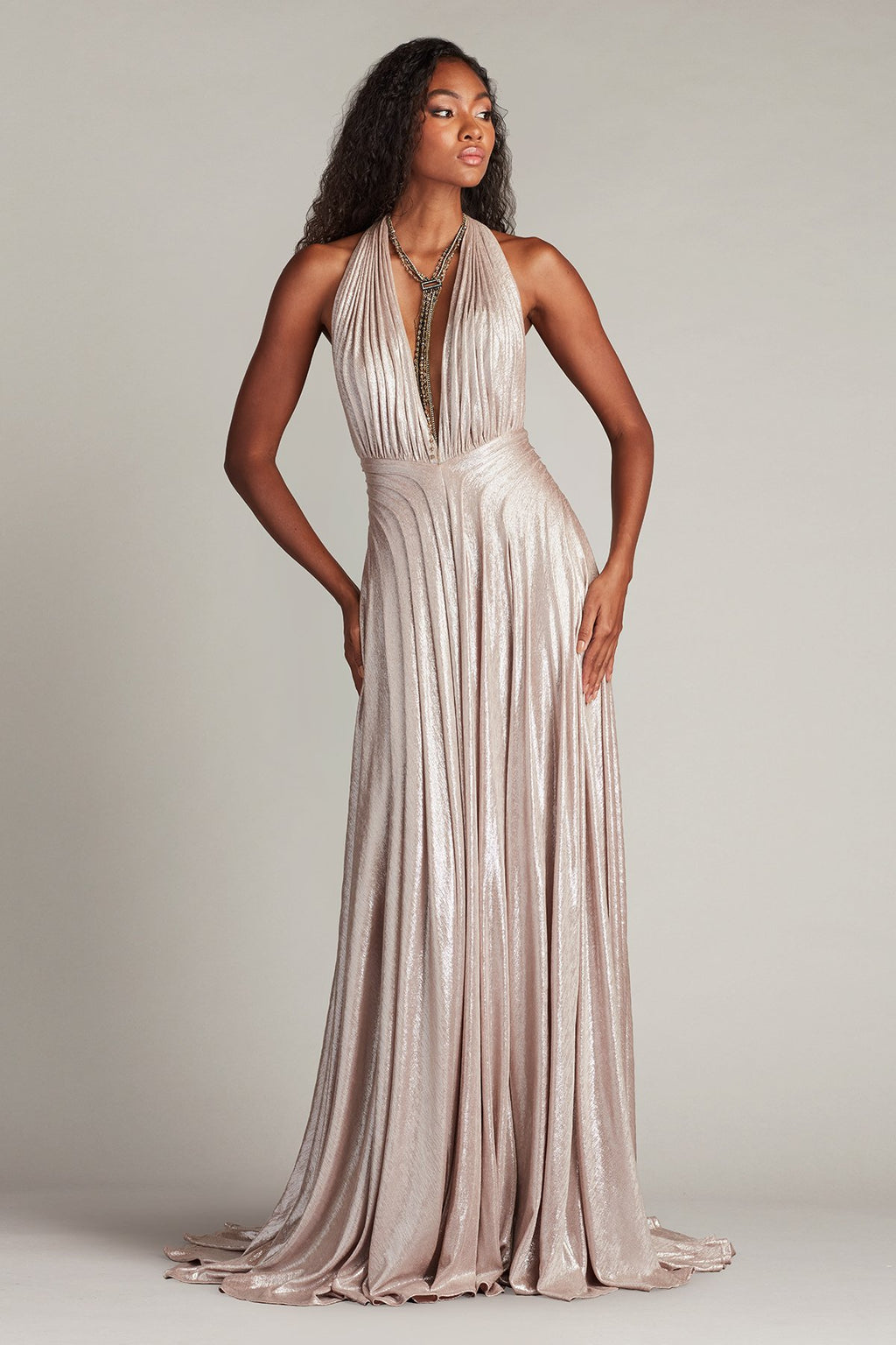 Zarelle Pleated Metallic Halter Gown – Tadashi Shoji Official Online  Boutique