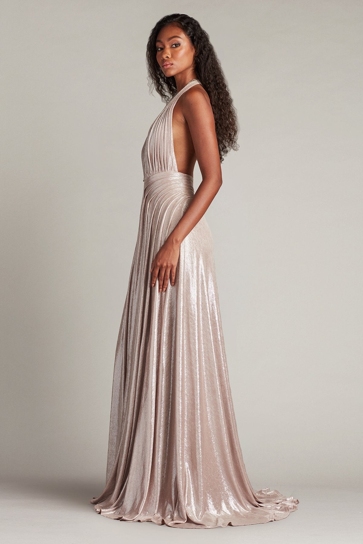 Zarelle Pleated Metallic Halter Gown