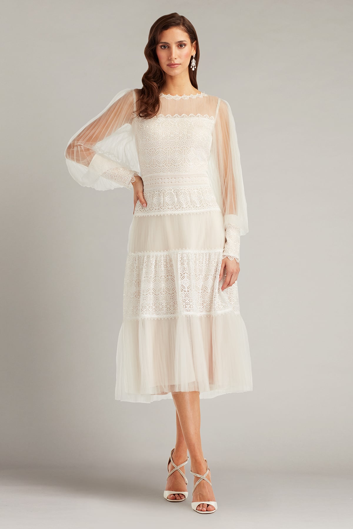 Anaka Pleated Tulle Embroidered Midi Dress