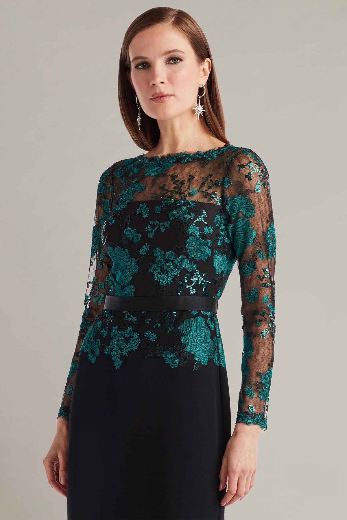 Beacon Belted Embroidered Illusion Gown