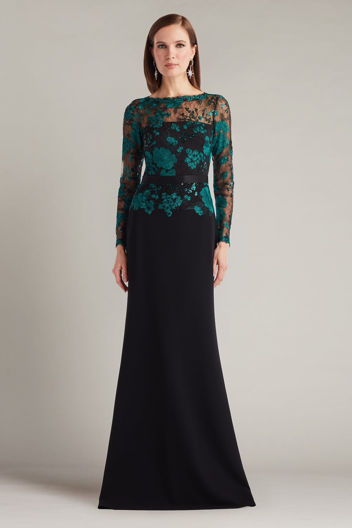 Beacon Belted Embroidered Illusion Gown