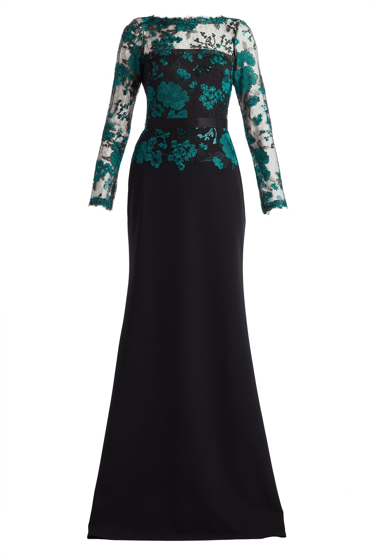 Beacon Belted Embroidered Illusion Gown