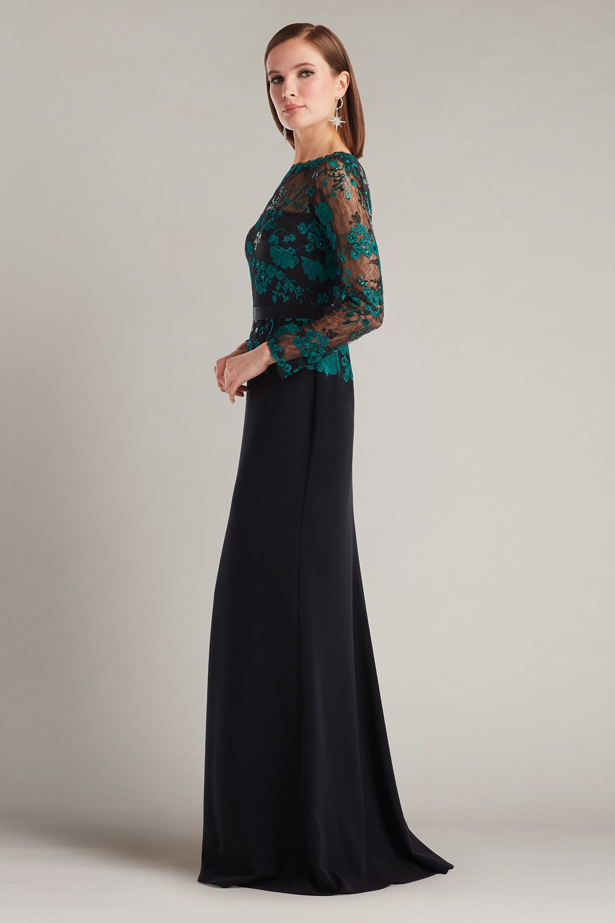 Beacon Belted Embroidered Illusion Gown