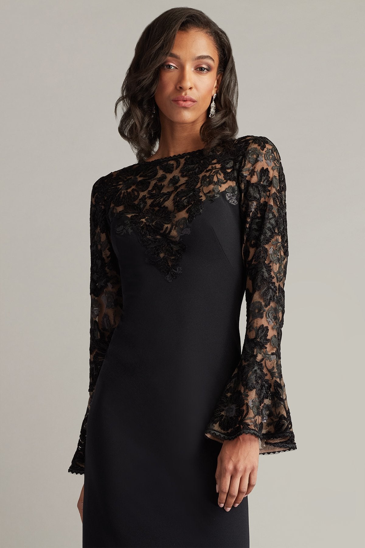 Lou Embroidered Crepe Bell Sleeve Dress  Tadashi Shoji Official Online  Boutique