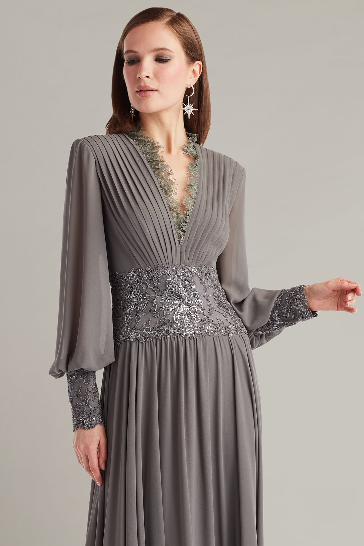 Mariela Embellished Blouson-Sleeve Gown