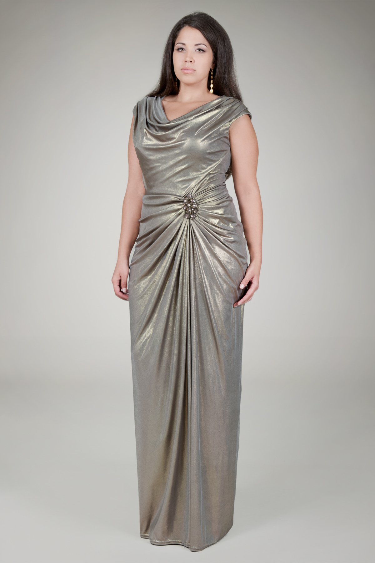 Metallic Jersey Draped Evening Gown in Smoke Pearl