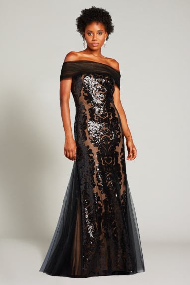 Tadashi Shoji Ayse selling Sequin-Embroidered Off-Shoulder Gown