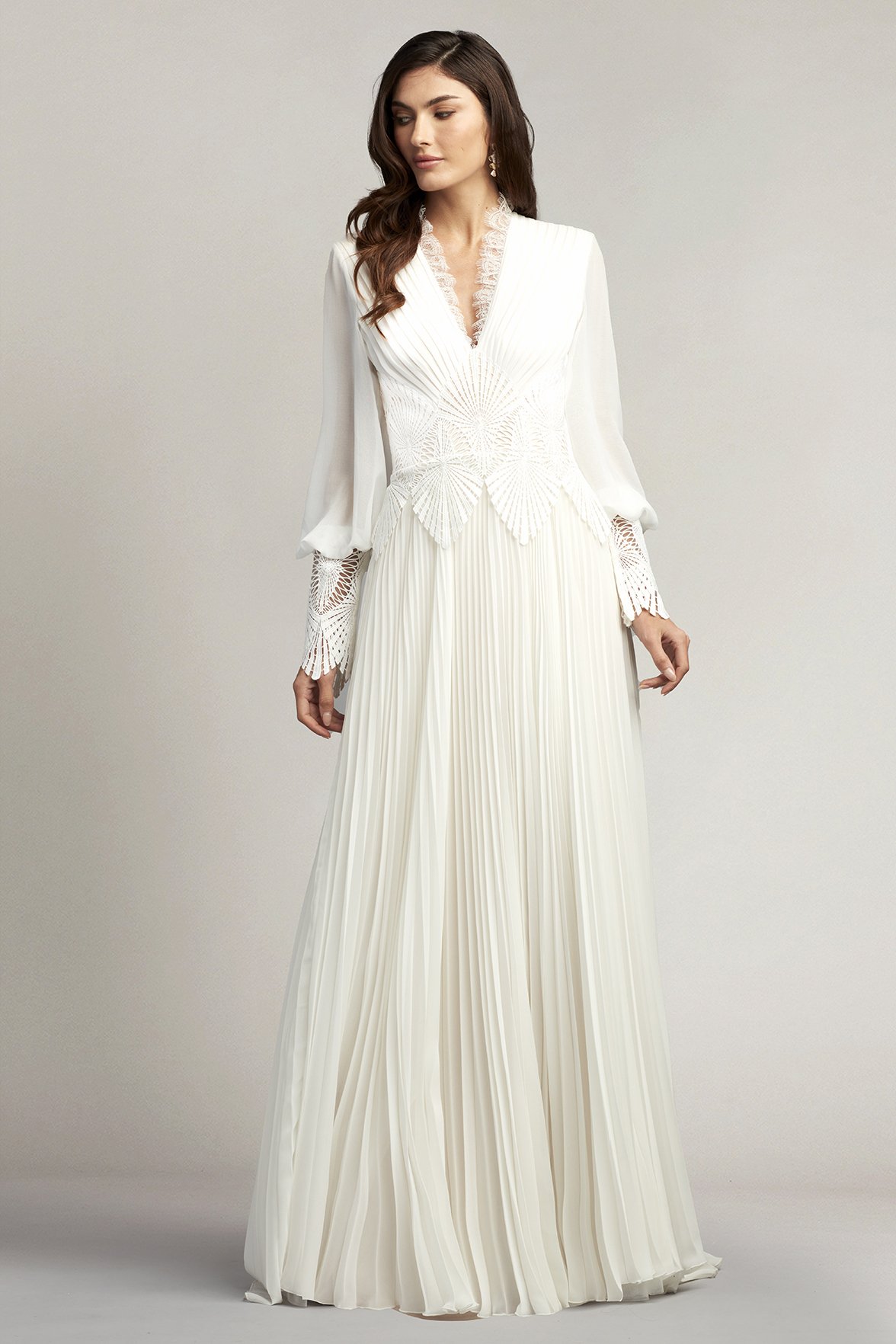 White Lace Pleated Chiffon Dress