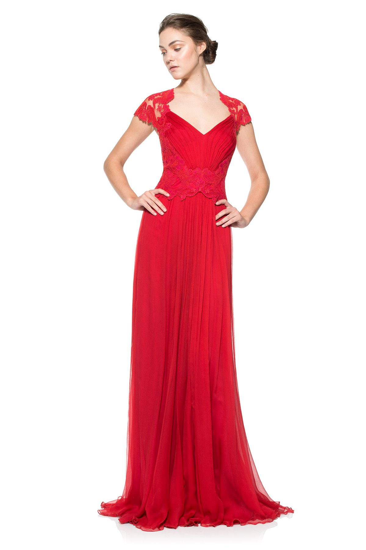 Corded Embroidery on Tulle Bodice Queen Ann Cap Sleeve Gown