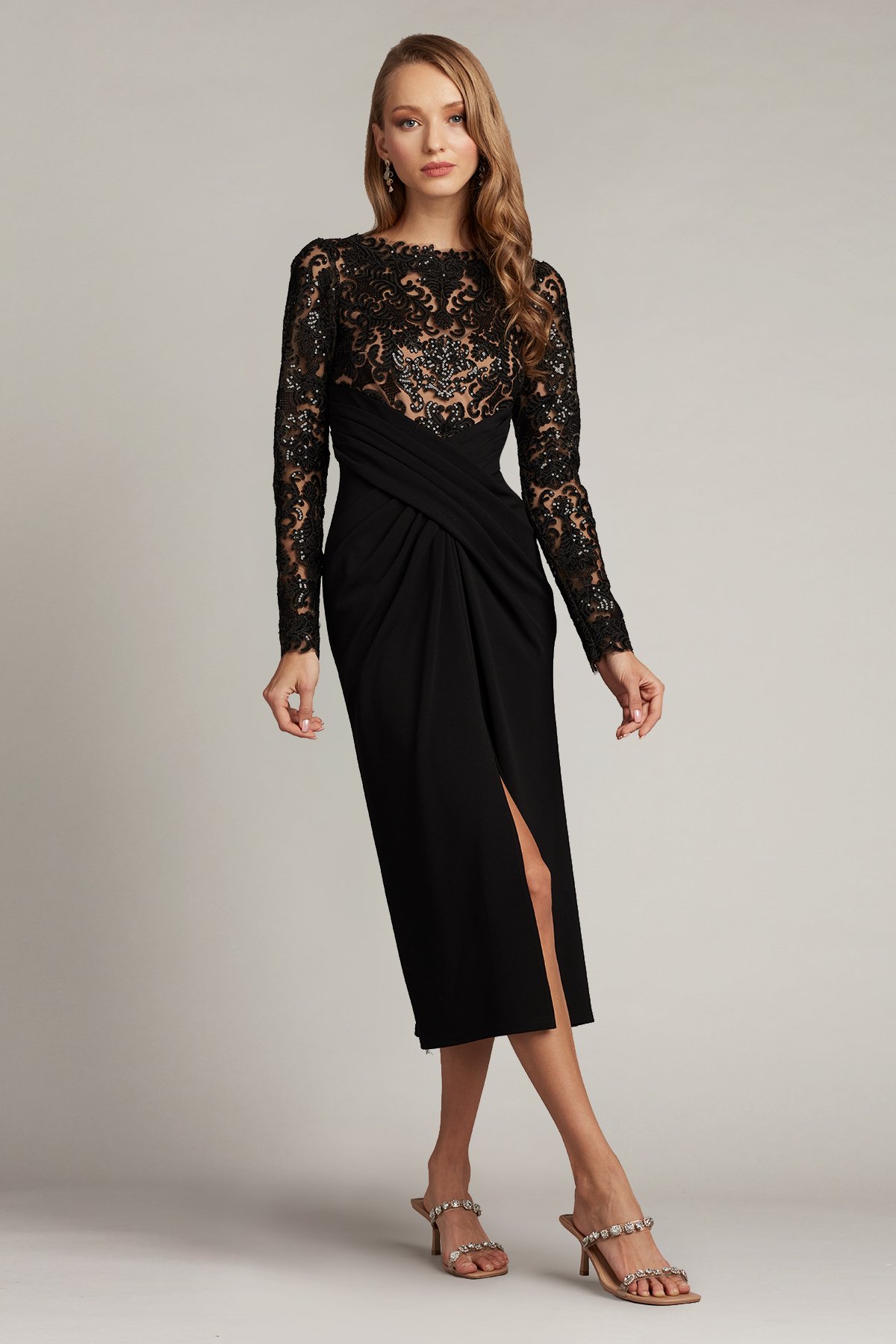 Julia Crisscross-Draped Midi Dress-BK/ND | Tadashi Shoji