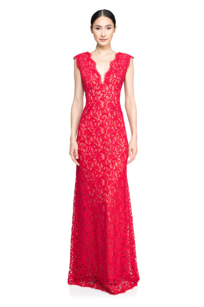 Tadashi Shoji Paillette Pink Embroidered Lace V-Neck Gown - Size outlet 10 Petite