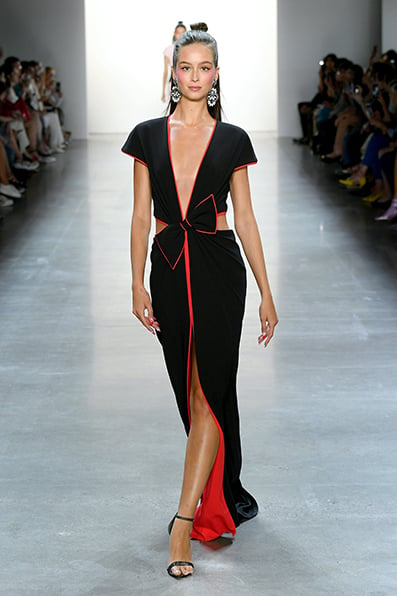 BLACK TEXTURED CREPE CAP SLEEVE V-NECK GOWN WITH OPEN WAIST AND CINCHED TIE DETAIL