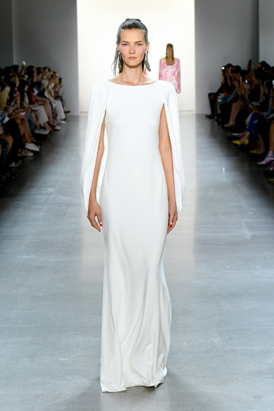 IVORY TEXTURED CREPE LONG COCOON SLEEVE GOWN WITH DRAPED BACK DETAIL