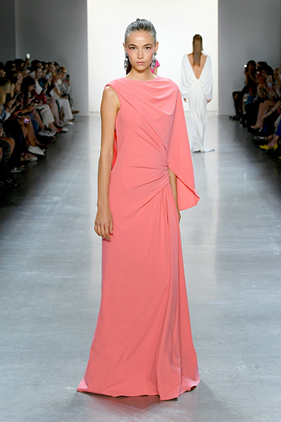 CORAL TEXTURED CREPE ONE-SHOULDER DRAPED CAPELET GOWN