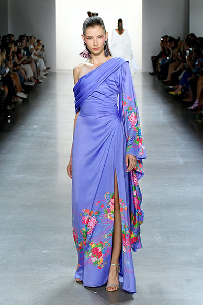 VIOLET KIMONO FLORAL PRINT CREPE DRAPED ONE SLEEVE  GOWN