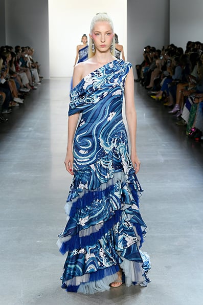 ROYAL BLUE HOKUSAI WAVE PRINT CREPE ONE-SHOULDER DRAPED GOWN WITH TULLE RUFFLE DETAILS