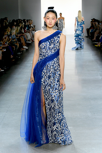 ROYAL BLUE/ SILVER OCEAN WAVE EMBROIDERED TULLE ONE-SHOULDER GOWN WITH FRONT SLIT DETAIL