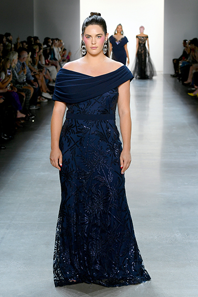 NAVY CHRYSANTHEMUM PAILLETTE EMBROIDERED TULLE AND TEXTURED CREPE DRAPED OFF-THE-SHOULDER GOWN