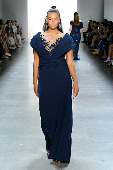 NAVY TEXTURED CREPE PORTRAIT COLLAR GOWN WITH CHRYSANTHEMUM PAILLETTE EMBROIDERED APPLIQUÉ DETAIL