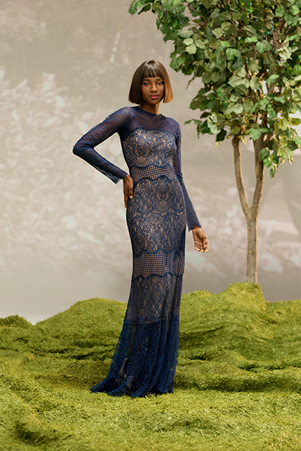 MIDNIGHT/NUDE LACE LONG SLEEVE GOWN WITH ILLUSION DETAILS 