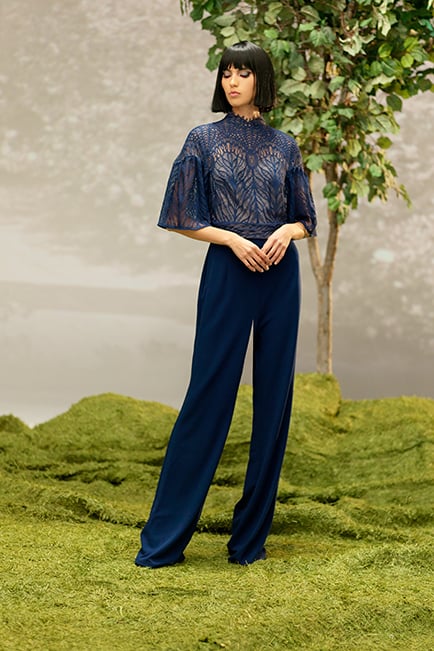 MIDNIGHT LACE AND TEXTURED CREPE HIGH NECK FLUTTER SLEEVE JUMPSUIT 