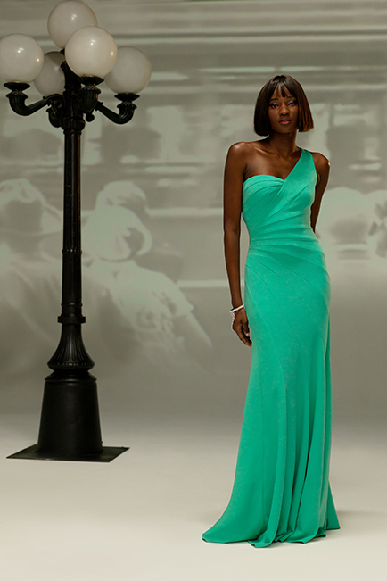 JASMINE GREEN TEXTURED CREPE ONE SHOULDER GOWN WITH ART DECO SEAMS