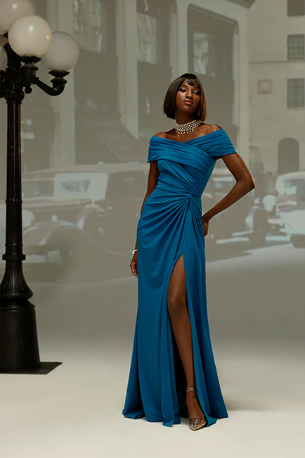 OCEAN BLUE TEXTURED CREPE OFF THE SHOULDER GOWN WITH FRONT SLIT DETAIL