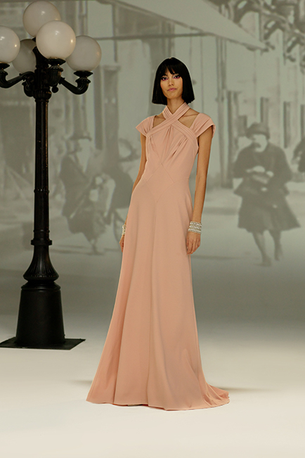 PALE PINK TEXTURED CREPE CAP SLEEVE GOWN WITH SHOULDER CUTOUT DETAILS