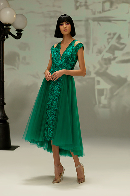 JASMINE GREEN CORD EMBROIDERED TULLE MIDI DRESS WITH SHOULDER CUTOUTS AND PANNIER INSPIRED SKIRT 