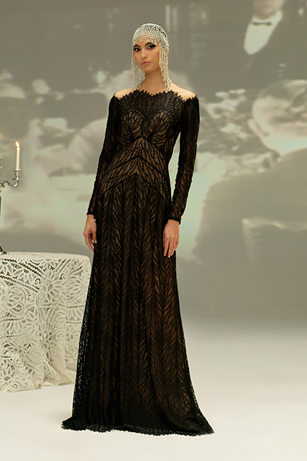 BLACK/NUDE LACE LONG SLEEVE GOWN WITH SCALLOP ILLUSION