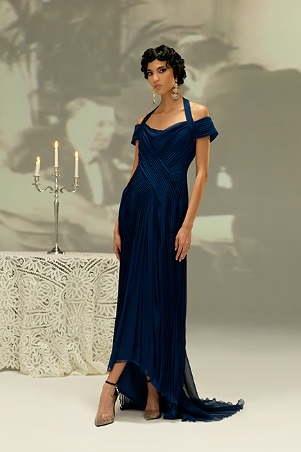 MIDNIGHT PLEATED CHIFFON HALTER OFF THE SHOULDER GOWN WITH HIGH-LOW HEM 