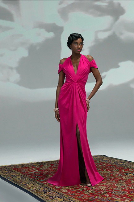 FRENCH ROSE TEXTURED CREPE COLD SHOULDER GOWN WITH FRONT SLIT DETAIL