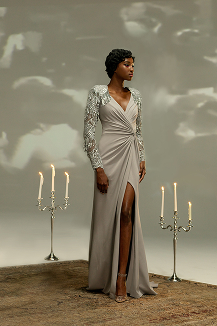SILVER TEXTURED CREPE AND FLAPPER FRINGE EMBROIDERED TULLE V-NECK LONG SLEEVE GOWN
