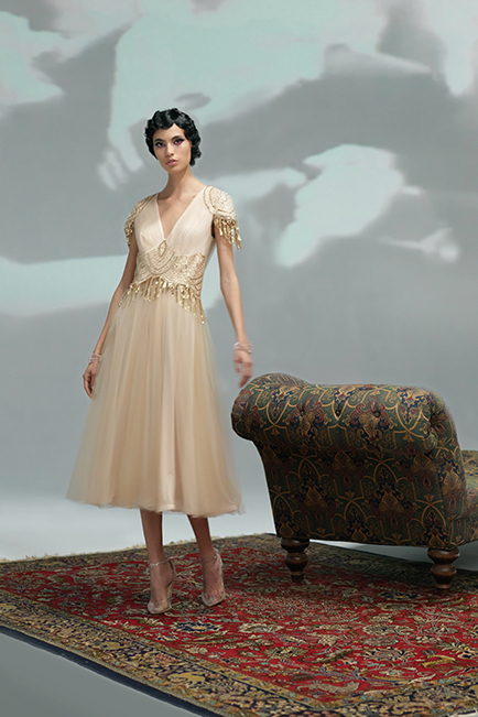 GOLD FLAPPER FRINGE EMBROIDERED TULLE CAP SLEEVE A-LINE MIDI DRESS 