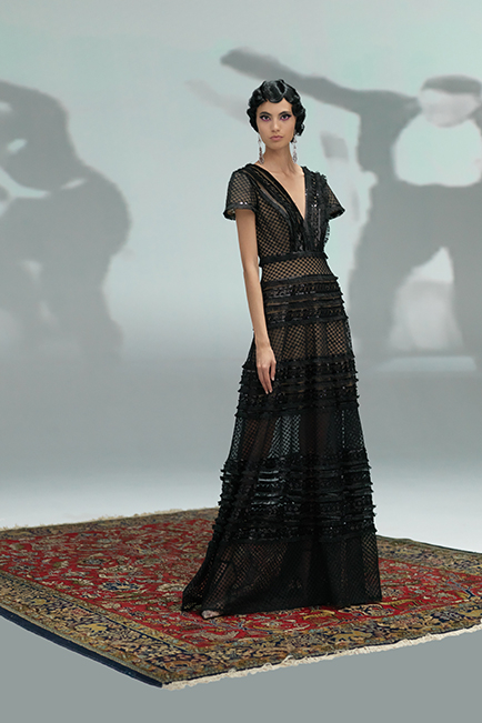 BLACK/NUDE PAILLETTE AND FRINGE EMBROIDERED TULLE CAP SLEEVE A-LINE GOWN