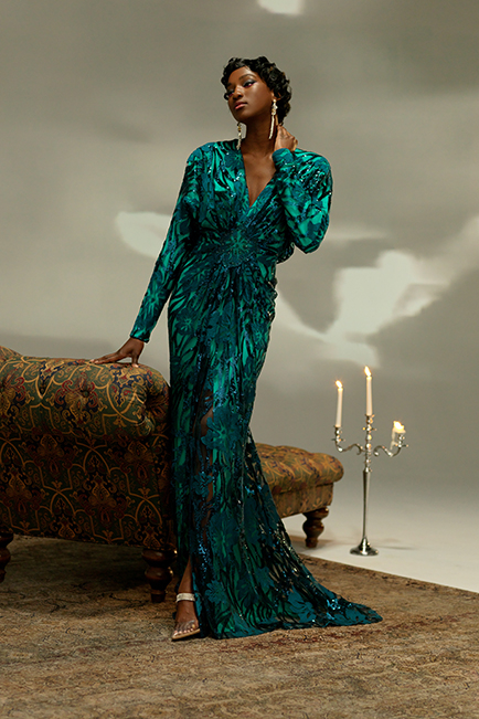 PEACOCK ART NOUVEAU MOTIFF PAILLETTE EMBROIDERED TULLE GOWN WITH LONG RAGLAN SLEEVES